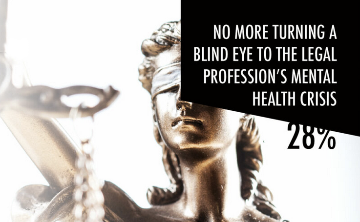 28LegalMinds Image of a blind justice statue saying no more turning a blind eye to the legal profession's mental health crisis